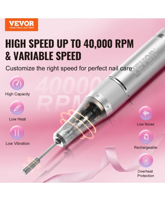 VEVOR Electric Rechargeable Nail Drill, 40,000RPM Portable Cordless Nail E File Machine, LCD-Display Acrylic Gel Grinder Tool with 6 Bits and 50PCS Sanding Bands for Manicure Pedicure Carve Polish