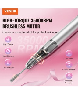 VEVOR Electric Cordless Nail Drill - with 35000RRM Brushless Motor and Charging Base, Rechargeable Nail E File Machine with 6 Bit & 50PCS Sanding Band for Acrylic Gel Nail, Manicure Pedicure Polishing