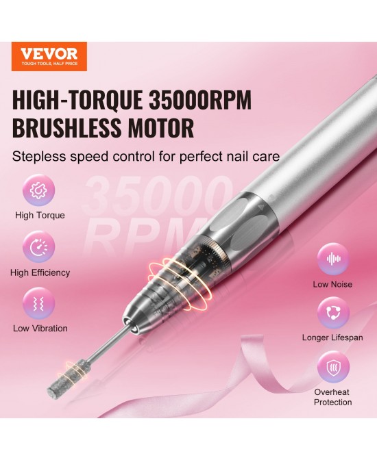 VEVOR Electric Cordless Nail Drill - with 35000RRM Brushless Motor and Charging Base, Rechargeable Nail E File Machine with 6 Bit & 50PCS Sanding Band for Acrylic Gel Nail, Manicure Pedicure Polishing