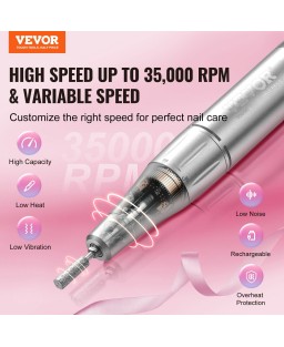 VEVOR Electric Rechargeable Nail Drill, 35,000RPM Portable Cordless Nail E File Machine, LCD-Display Acrylic Gel Grinder Tool with 6 Bits and 50PCS Sanding Bands for Manicure Pedicure Carve Polish