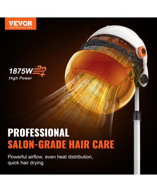 VEVOR Professional Hooded Dryer, 1875W High-Power Bonnet Hair Dryer, Sit Under Hair Dryer with Timer, 3 Temp Settings & Wind Speed, Floor Standing Rolling Base with Wheels for Beauty Salon Home Spa