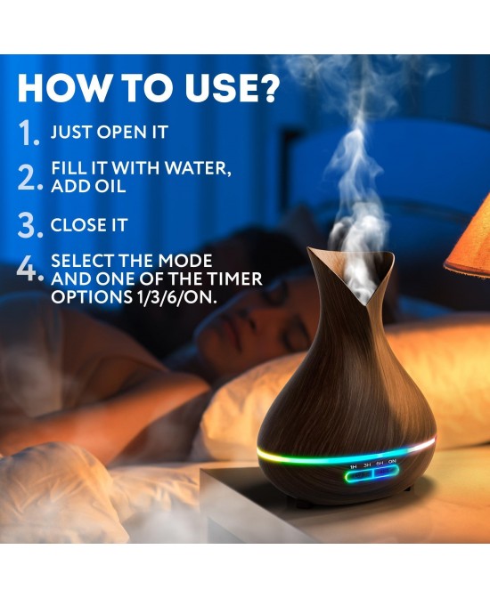 Aromatherapy Diffuser for Essential Oils 400ml Dark Wood Essential Oil Diffuser for Office Home Air Diffuser Humidifier with 13 Hour High Mist Output Waterless Auto Off 7 Color LED Lights