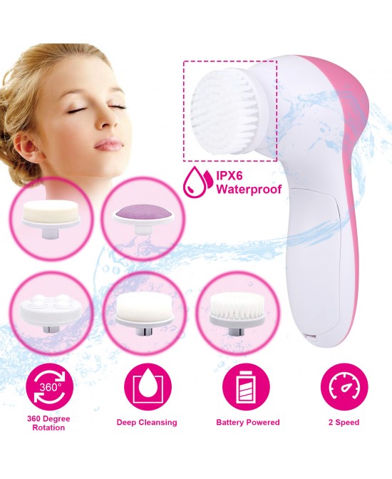 Facial Cleansing Brush Waterproof Face Spin Cleaning Brush with 5 Brush Heads