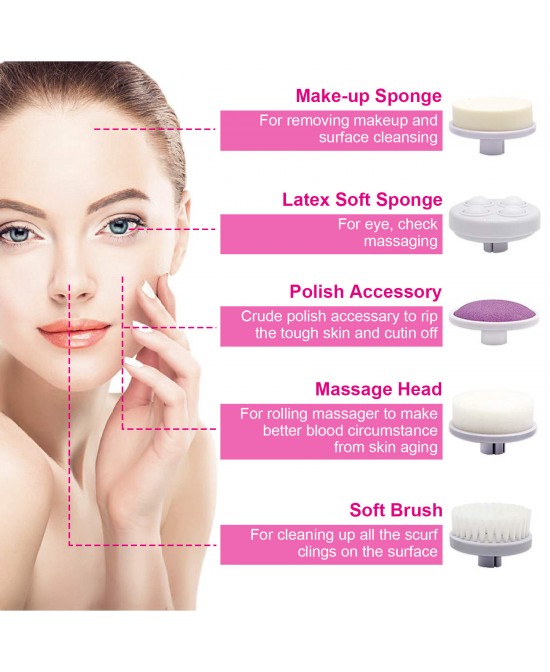 Facial Cleansing Brush Waterproof Face Spin Cleaning Brush with 5 Brush Heads