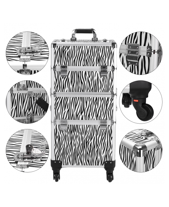 3 in 1 Aluminum Cosmetic Makeup Case Tattoo Box White Zebra Print