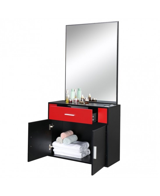 15% E0 chipboard linen top 1 drawer 1 door with mirror Salon cabinet black and red