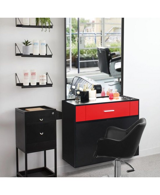 15% E0 chipboard linen top 1 drawer 1 door with mirror Salon cabinet black and red