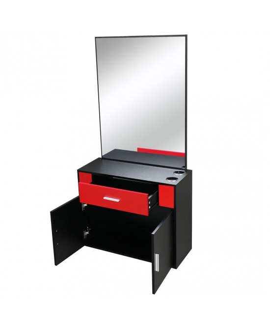 15% E0 chipboard linen top 1 drawer 1 door with mirror Salon cabinet black and red